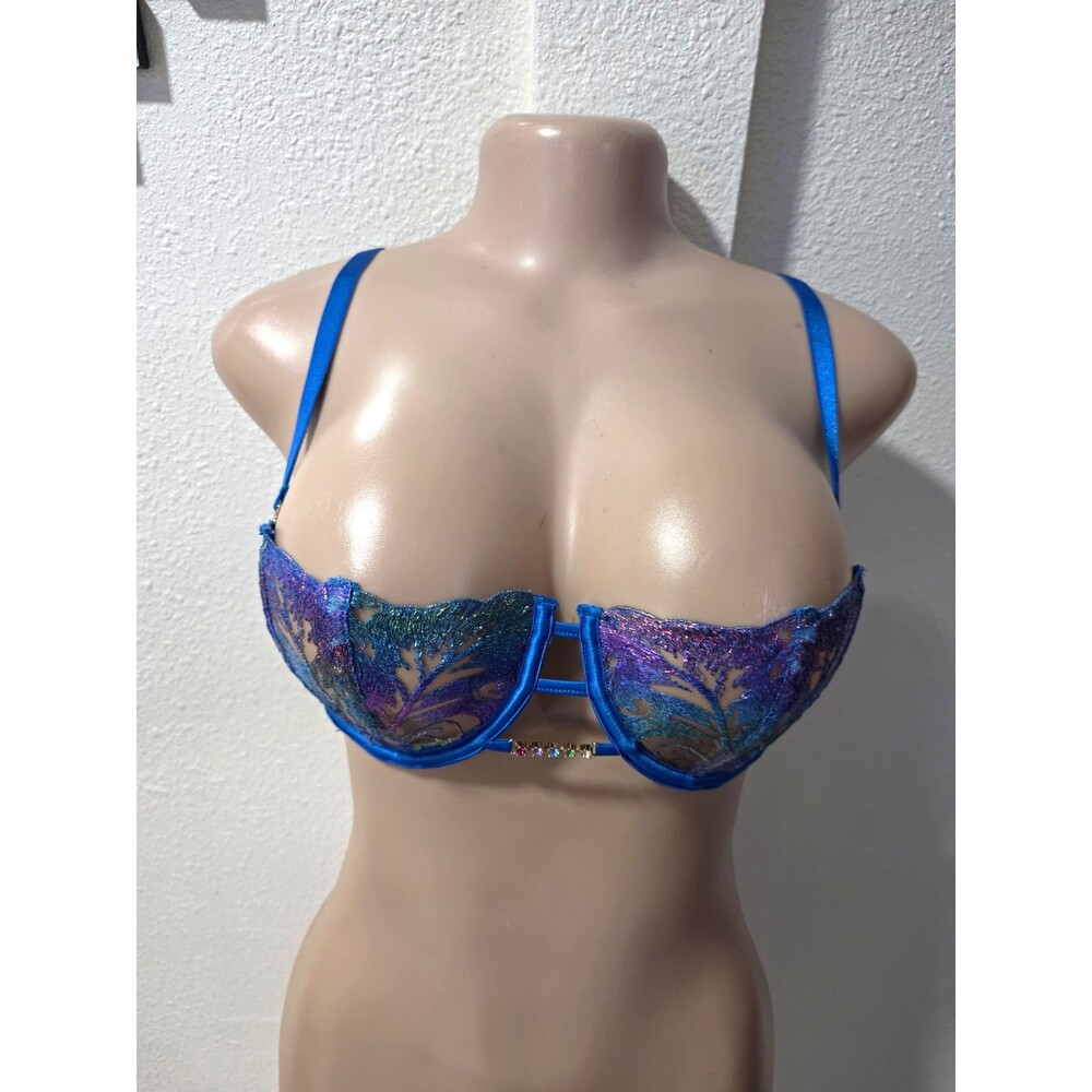 Floral Lace Sheer Underwired Balconette Bra Blue Purple 32DD (736317)